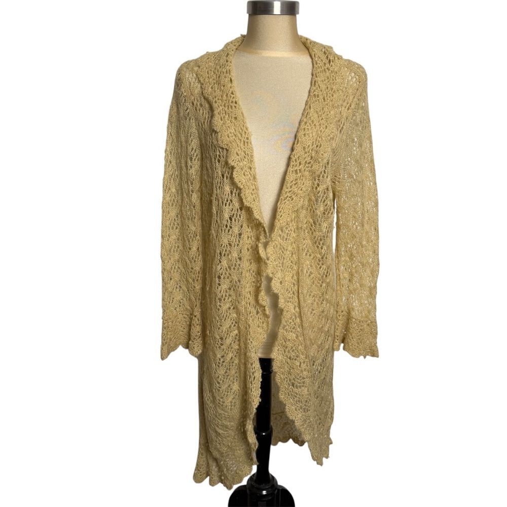 Laura Ashley Beige Lace Beaded Duster Cardigan Womens Large Boho Romantic